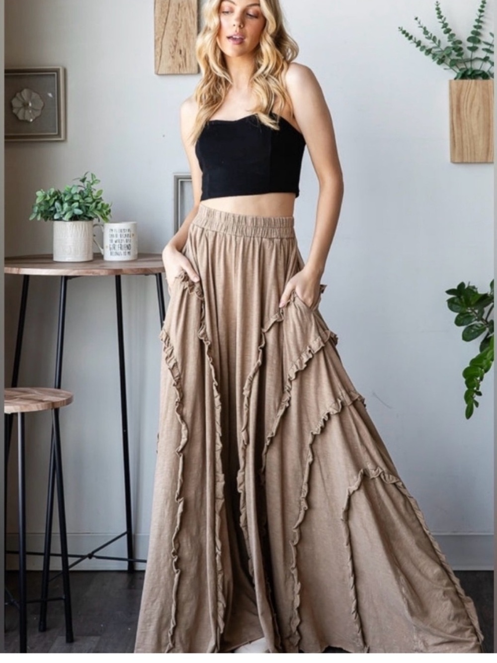 Oli & Hali Taupe Wide-Leg Ruffle cotton elastic waist Pants small